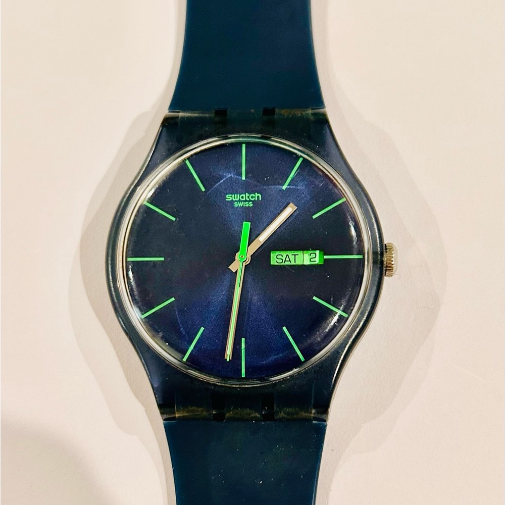Swatch Neon Green Rebel Watch SR1130SW Silicone Band Blue Unisex